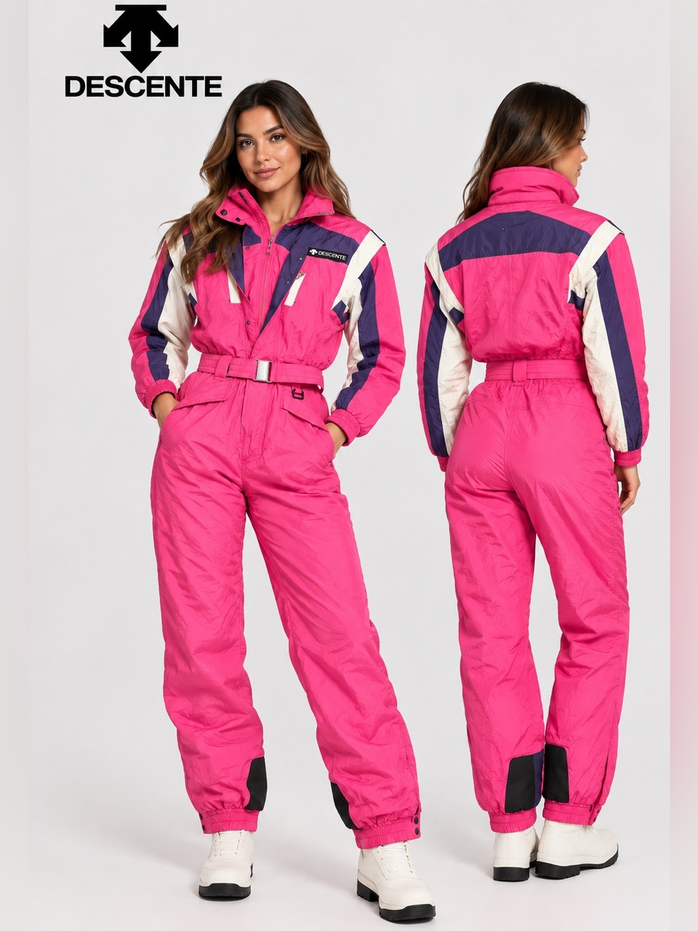 Descente Vintage Women’s Bright Pink Ski Jumpsuit with Navy & Cream Panels